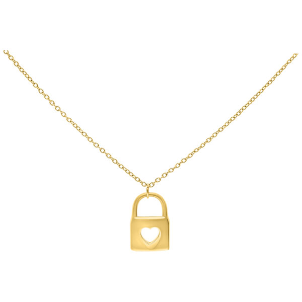 Collar dorado de acero quirúrgico con diseño de candado y corazón sobre fondo blanco