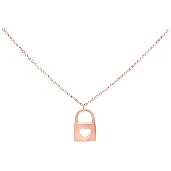 Cadena de oro rosa con colgante de candado en forma de corazón sobre fondo blanco