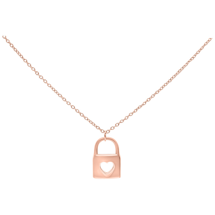 Cadena de oro rosa con colgante de candado en forma de corazón sobre fondo blanco