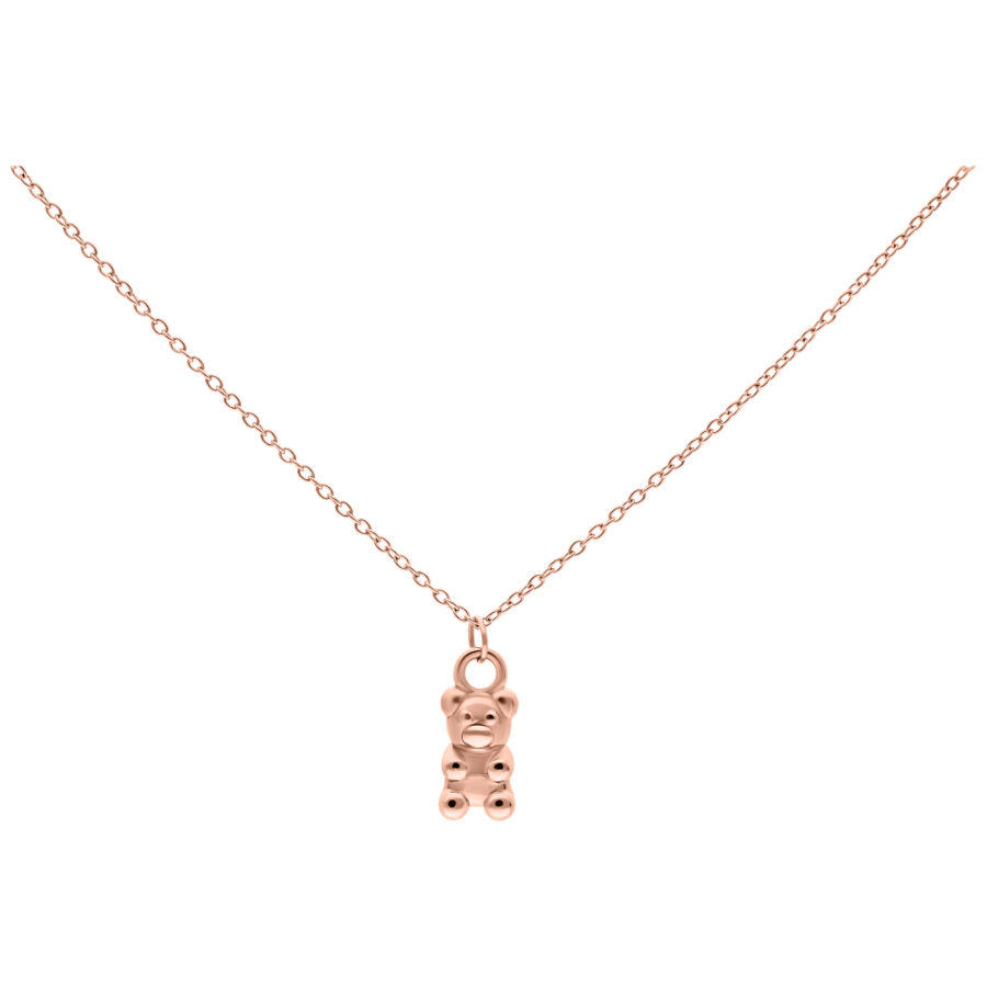 Collar en oro rosa con colgante de osito de goma sobre fondo blanco