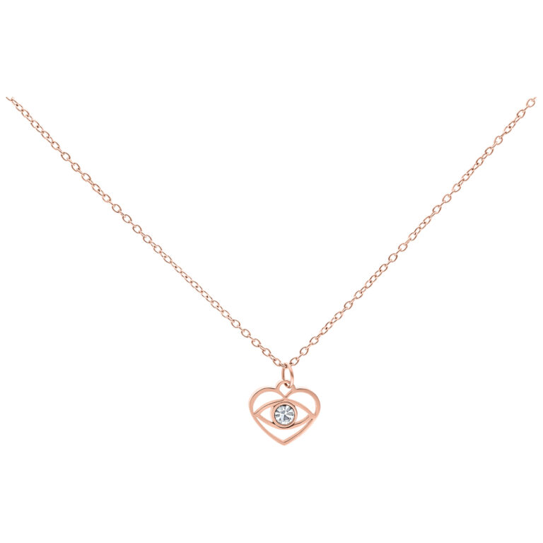 Collar de oro rosa con pequeño colgante de ojo y cristal claro sobre fondo blanco