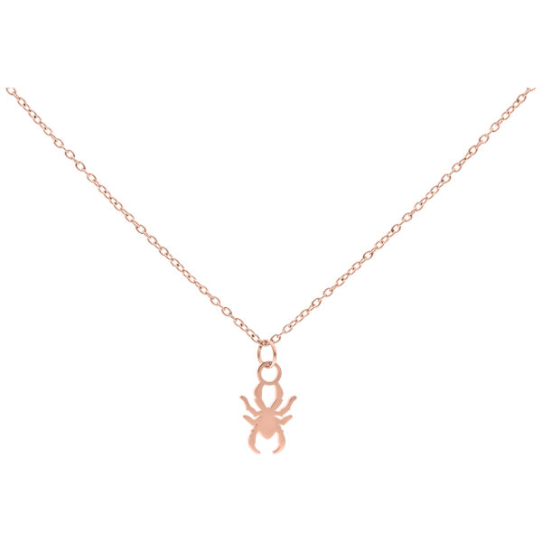 Collar de oro rosa con colgante de araña sobre fondo blanco