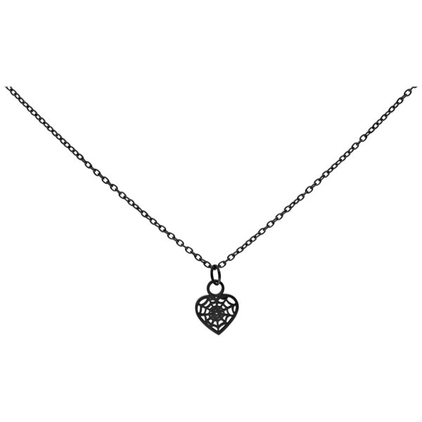 Cadena negra de acero quirúrgico con colgante en forma de corazón sobre fondo blanco
