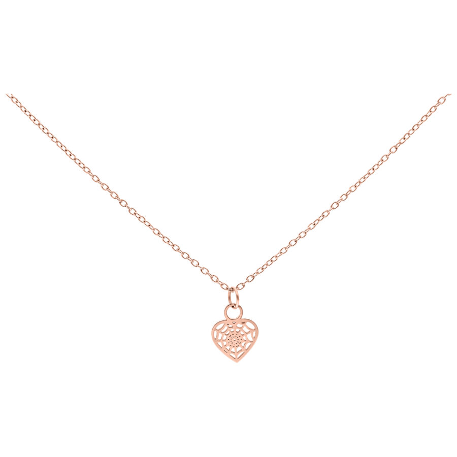 Collar de oro rosa con colgante de corazón delicado sobre fondo blanco