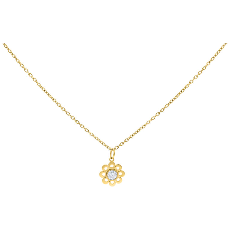 Cadena dorada con colgante de cristal en forma de flor sobre fondo blanco