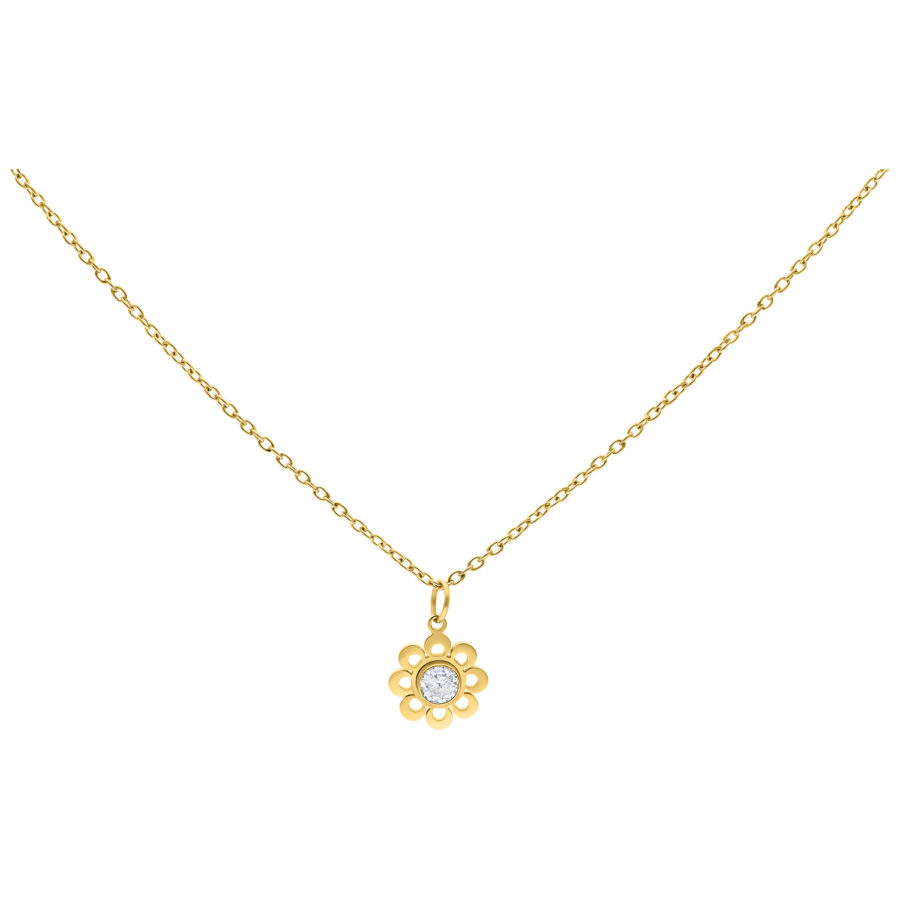 Cadena dorada con colgante de cristal en forma de flor sobre fondo blanco