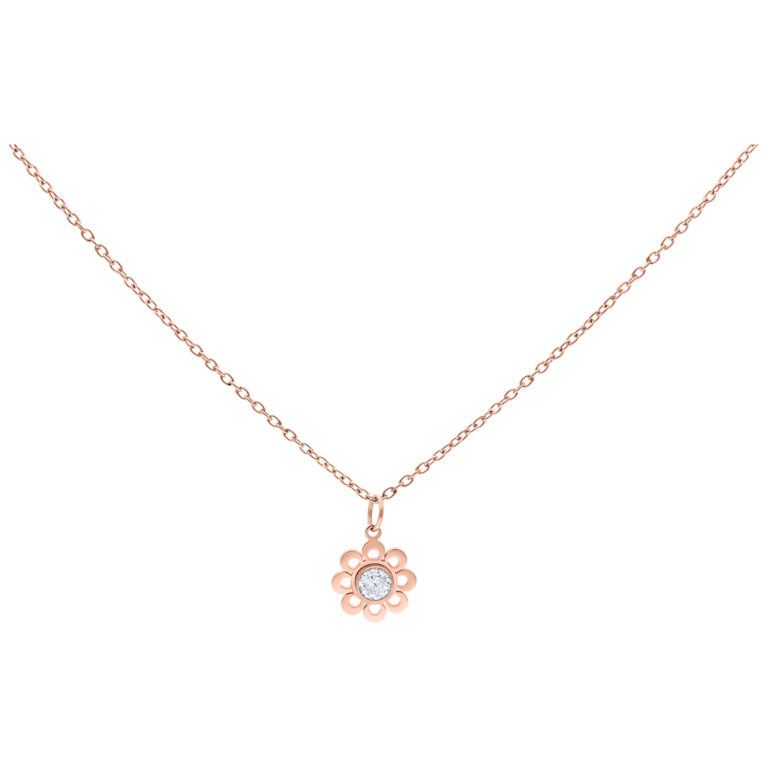 Collar de oro rosa con colgante de flor y cristal claro sobre fondo blanco