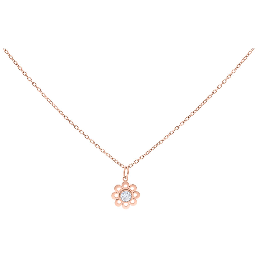Collar de oro rosa con colgante de flor y cristal claro sobre fondo blanco