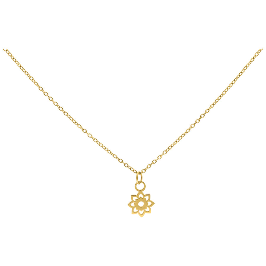 Cadena dorada con colgante de girasol pequeño sobre fondo blanco