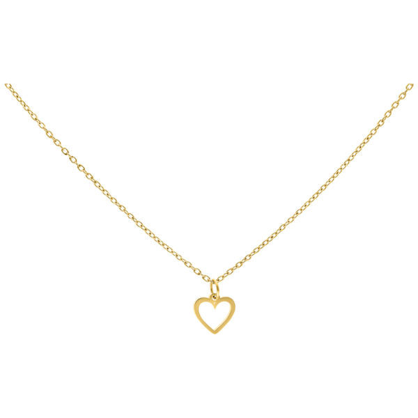 Fina cadena dorada con colgante en forma de corazón sobre fondo blanco