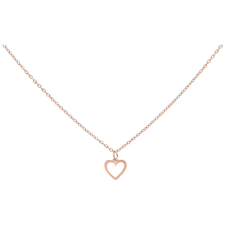 Cadena de acero quirúrgico en oro rosa con pequeño colgante de corazón sobre fondo blanco
