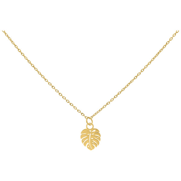 Collar Hoja de Monstera Dorada de acero quirúrgico sobre fondo blanco