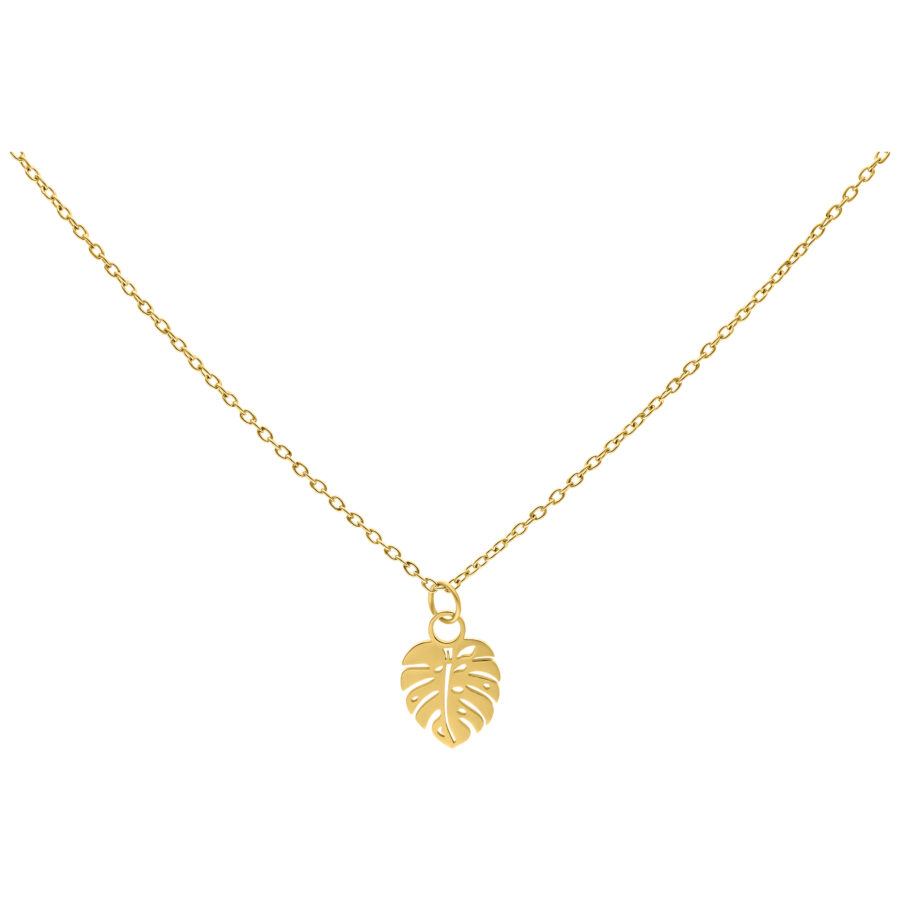 Collar Hoja de Monstera Dorada de acero quirúrgico sobre fondo blanco