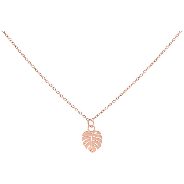 Collar con colgante de hoja de Monstera en oro rosa sobre fondo blanco