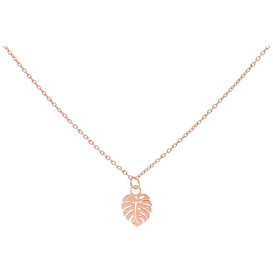 Collar con colgante de hoja de Monstera en oro rosa sobre fondo blanco