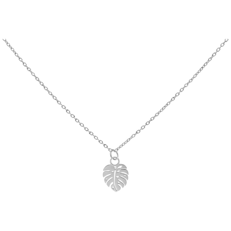 Collar de plata con colgante de hoja de Monstera sobre fondo blanco