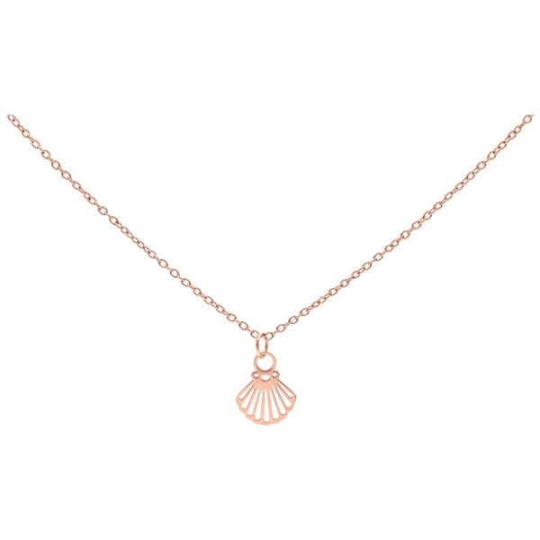 Collar de acero quirúrgico con colgante de concha en oro rosa sobre fondo blanco