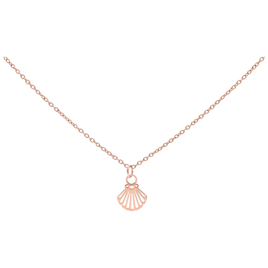 Collar de acero quirúrgico con colgante de concha en oro rosa sobre fondo blanco