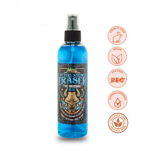 Botella azul de 250 ml de Aloe Tattoo Stencil Eraser sobre fondo blanco