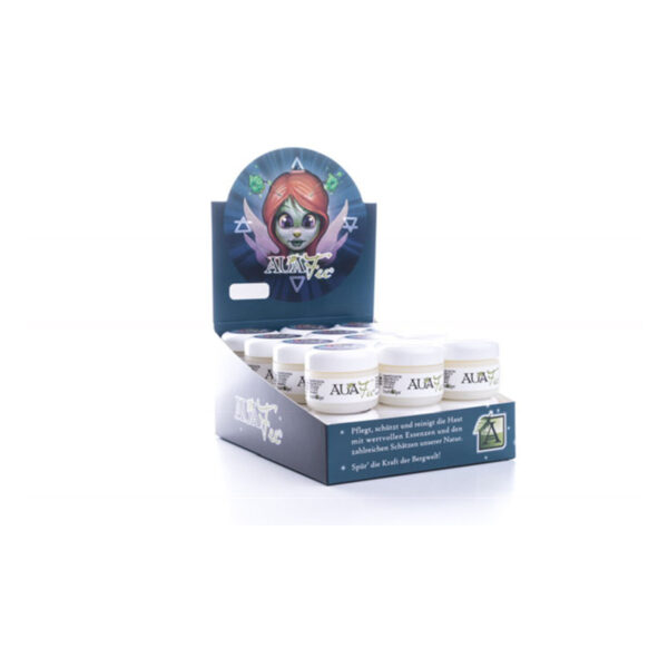 Caja de Auafee Skincare abierta con varios tarros de crema blancos sobre fondo blanco