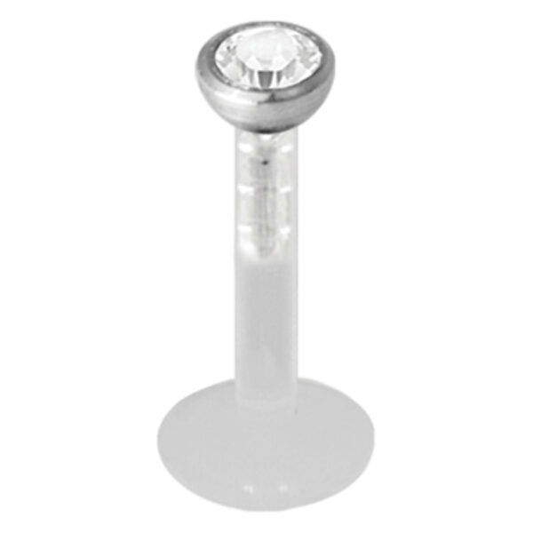 Labret push-fit plateado con cristal claro sobre fondo blanco