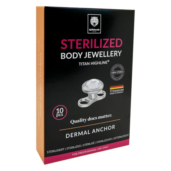 Empaque del ancla dérmica esterilizada de titanio con cristal en plata sobre fondo negro