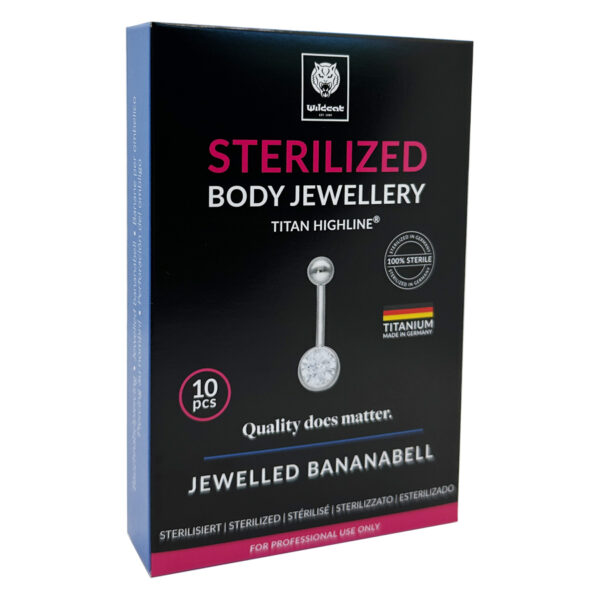 Piercing de ombligo de titanio esterilizado, plateado con cristal claro sobre fondo negro