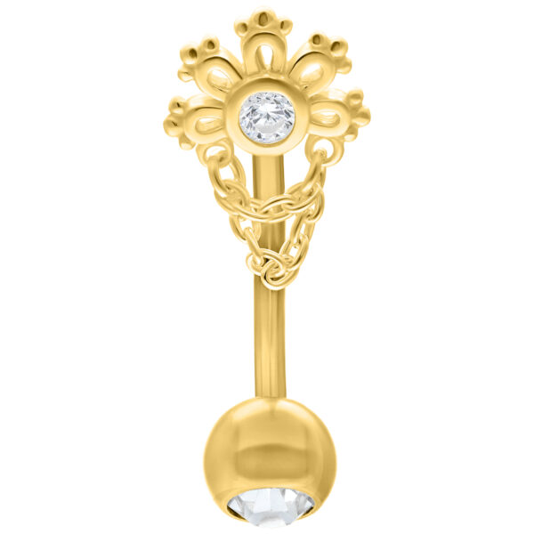 Banana Bell Micro Dorado con Cristal y detalles de cadena sobre fondo blanco