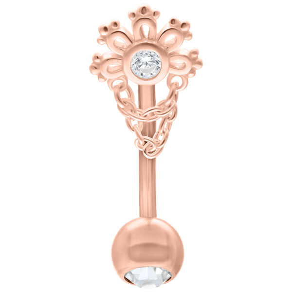 Micro Bananabell en oro rosa con cristal, 12mm de longitud, sobre fondo blanco