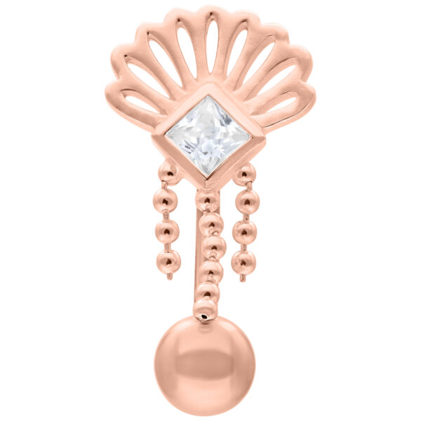 Micro Bananabell en oro rosa con cristal y cadenas colgantes sobre fondo blanco