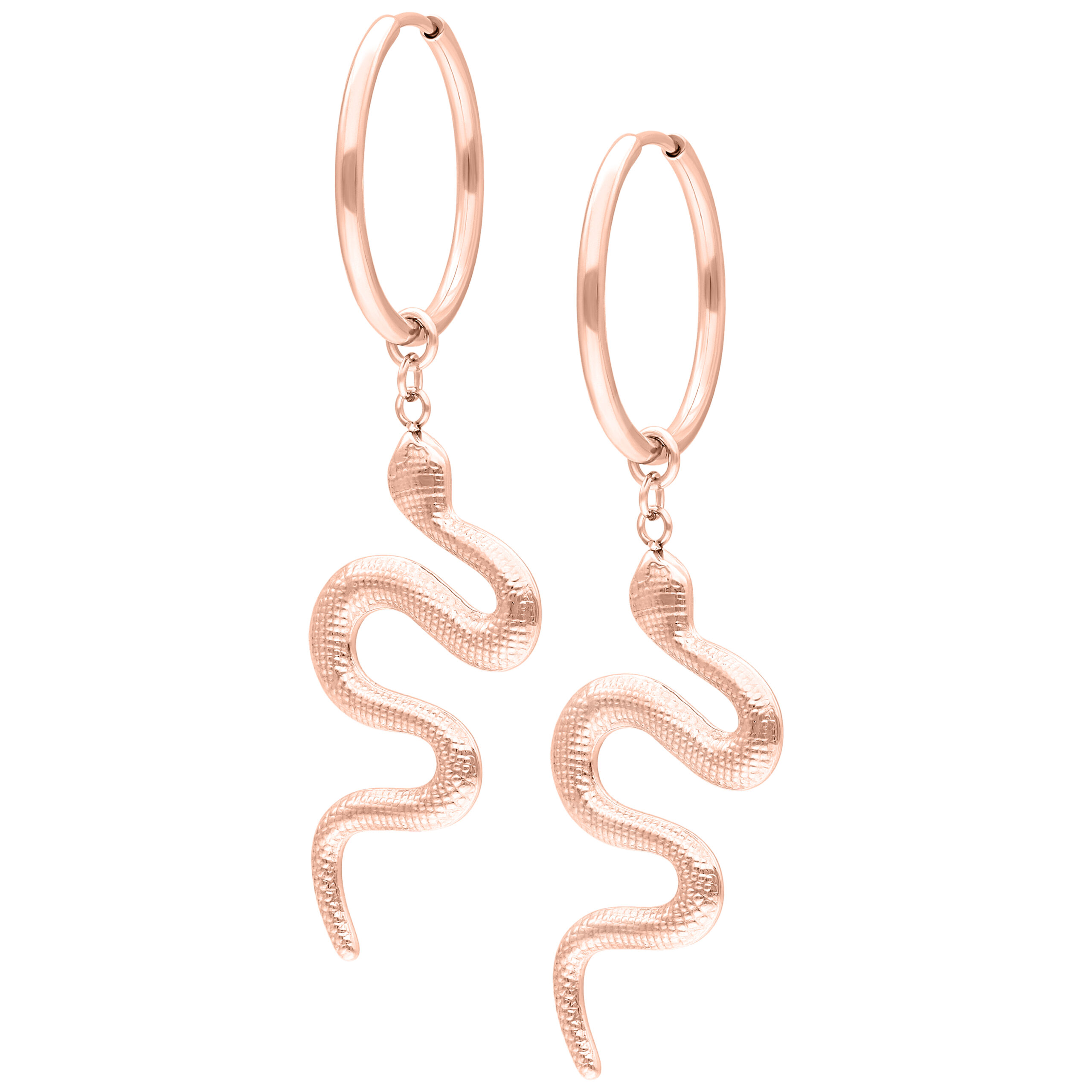 Roségoldene Big Snake Hoops Ohrringe Roségoldene Schlangenohrringe mit Klappverschluss auf weißem Hintergrund