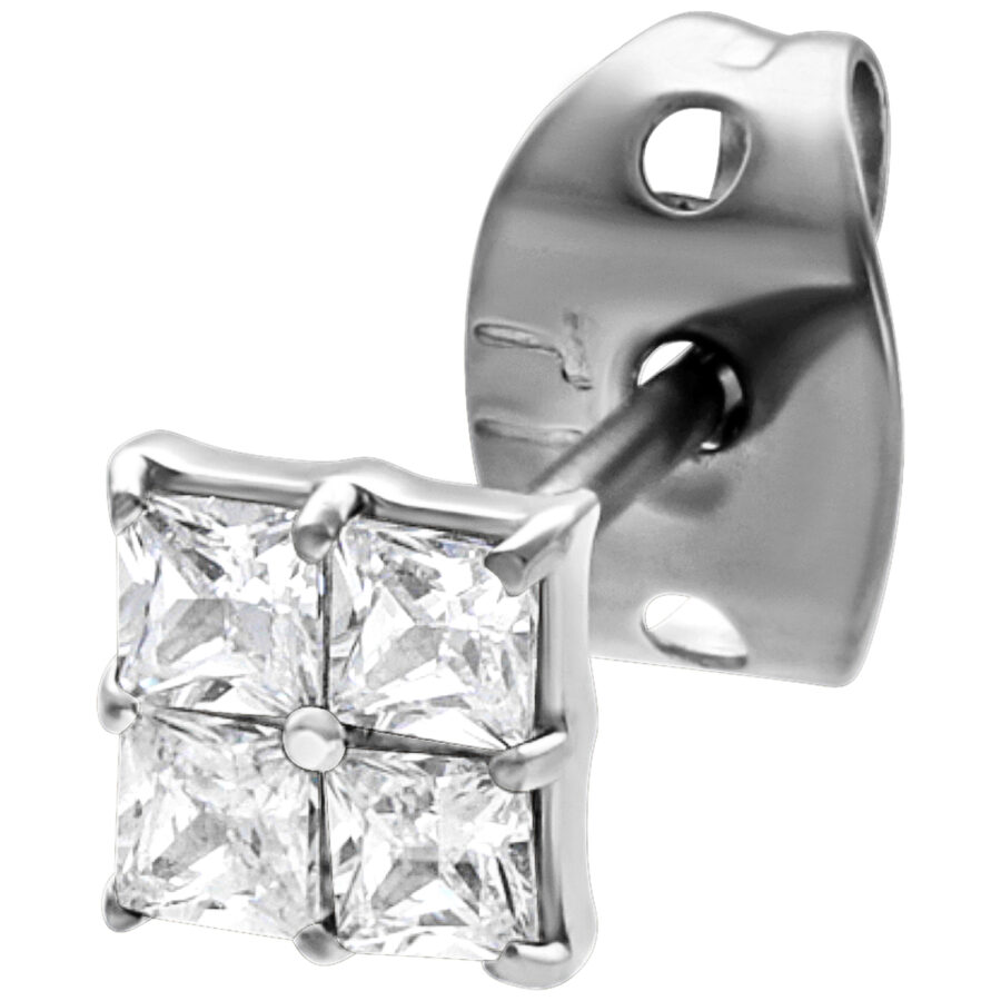Pendientes plateados con cristales cuadrados sobre fondo blanco