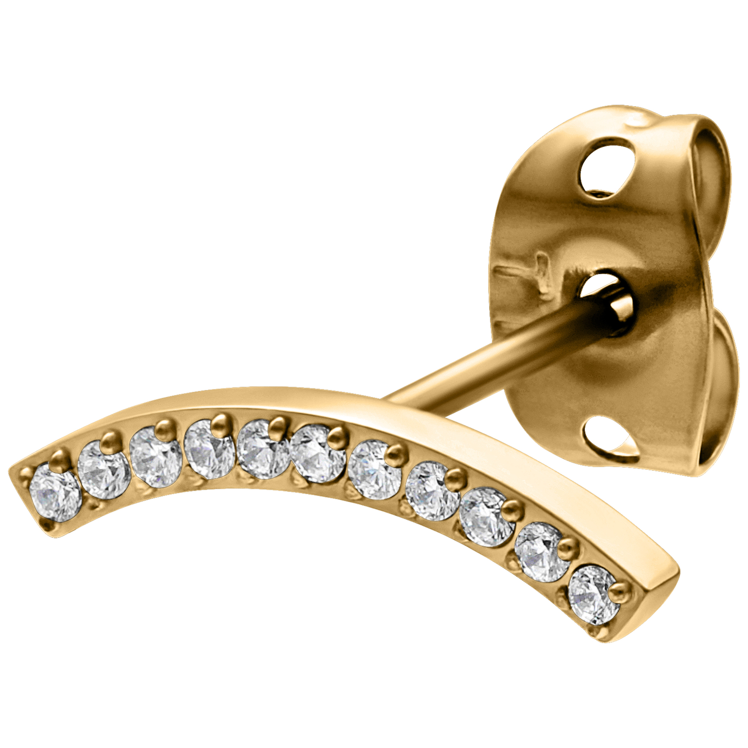 Pendiente dorado con arco de cristal sobre fondo blanco