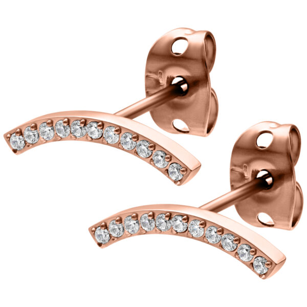 Dos pendientes de oro rosa con cristales claros sobre fondo blanco