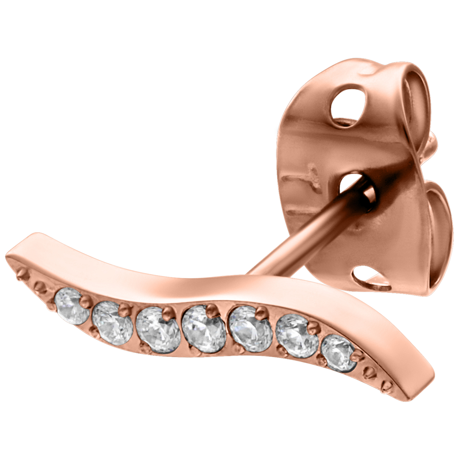 Roségoldener Ohrstecker mit Kristallen auf weißem Hintergrund