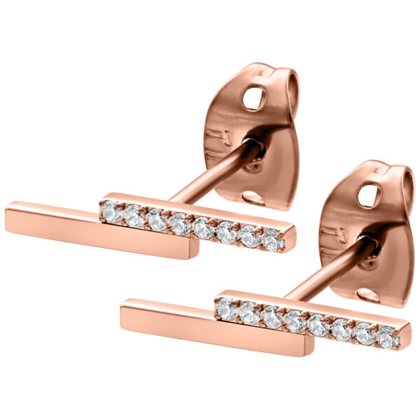 Dos pendientes de oro rosa con cristales claros sobre fondo blanco