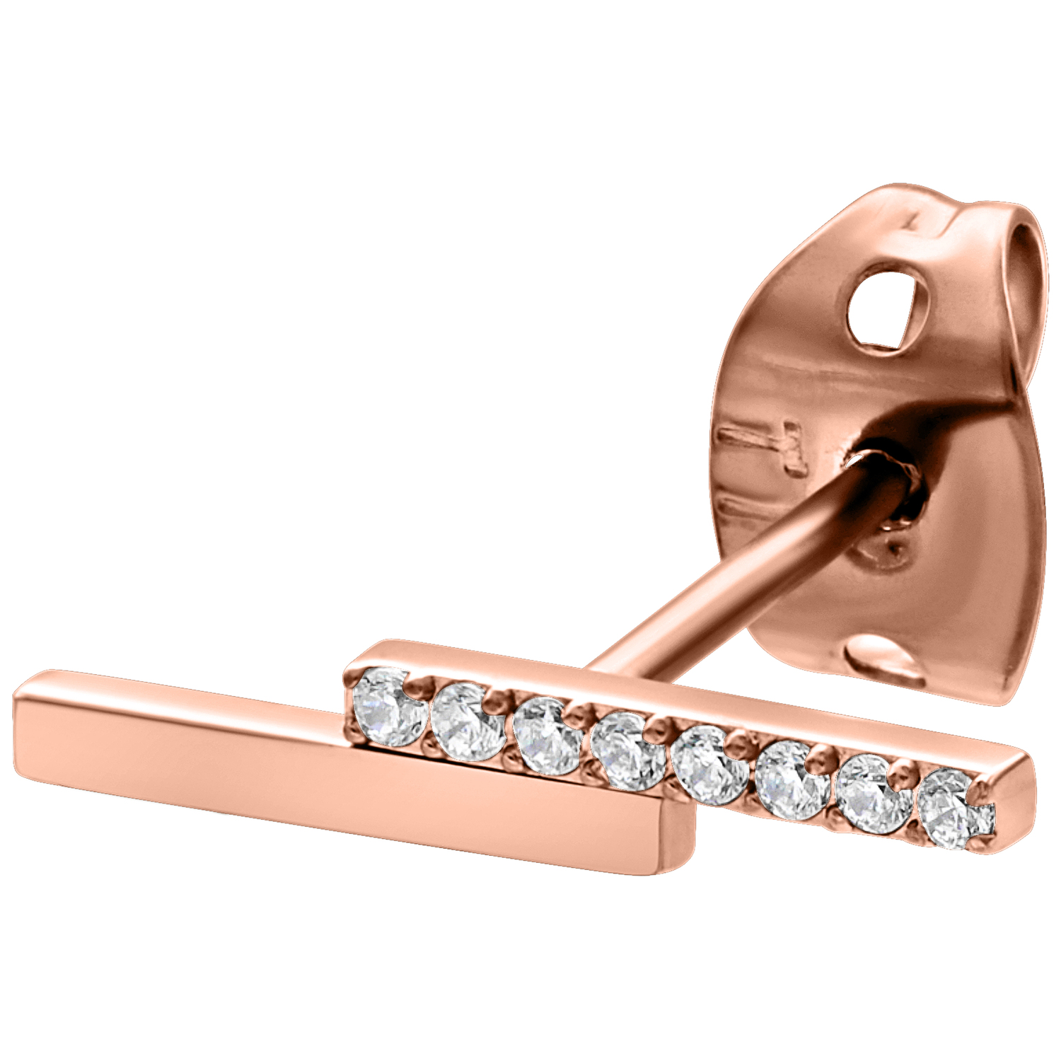 Roségoldener Ohrstecker mit klaren Kristallen auf weißem Hintergrund