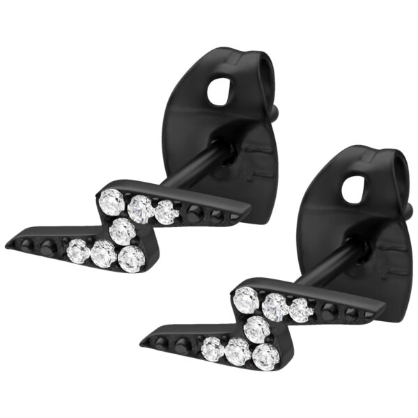 Pendientes negros en forma de rayo con cristales claros sobre fondo blanco