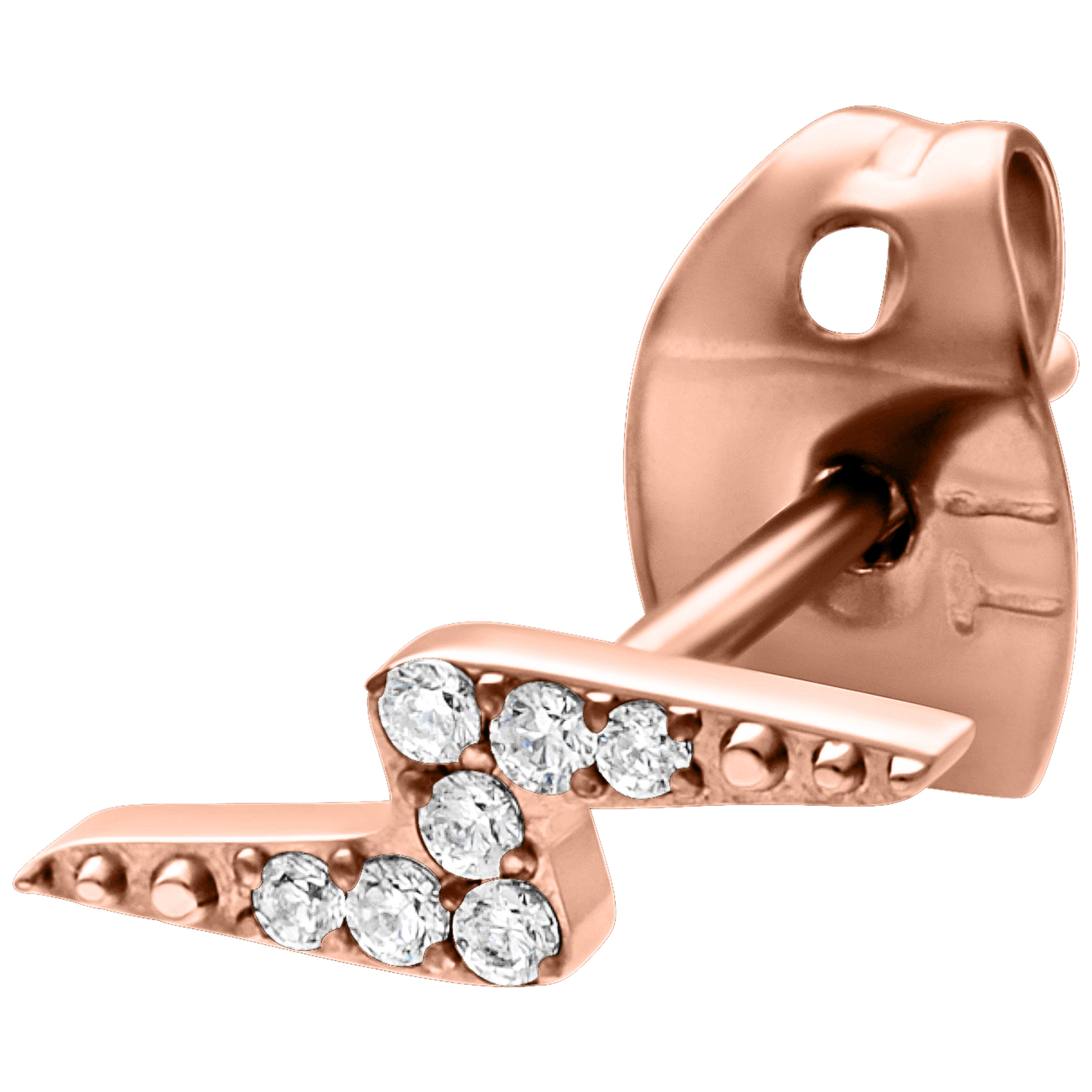 Roségoldene Ohrstecker in Blitzform mit klaren Kristallen auf weißem Hintergrund