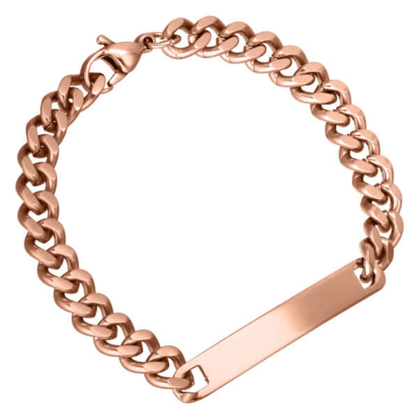 Pulsera de oro rosa con cadena de eslabones y placa de grabado sobre fondo blanco