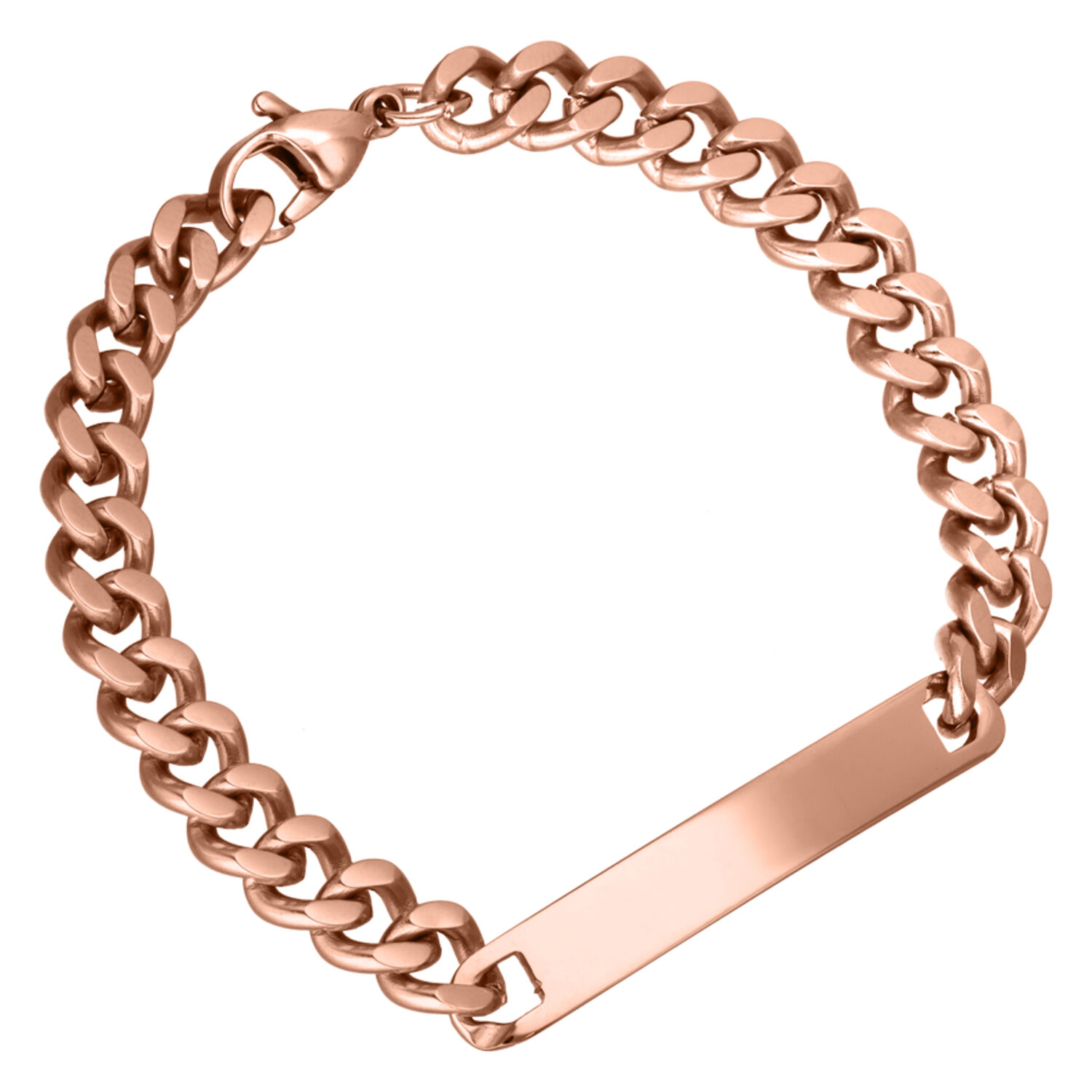 Roségoldenes Basic Armband zum Gravieren Roségoldenes Armband mit Gliederkette und Gravurplatte auf weißem Hintergrund