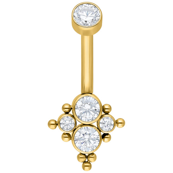 Piercing de ombligo dorado con cristales claros sobre fondo blanco