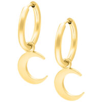 Aros Dorados Little Moonchild Dos aros dorados con pequeños colgantes de luna sobre fondo blanco