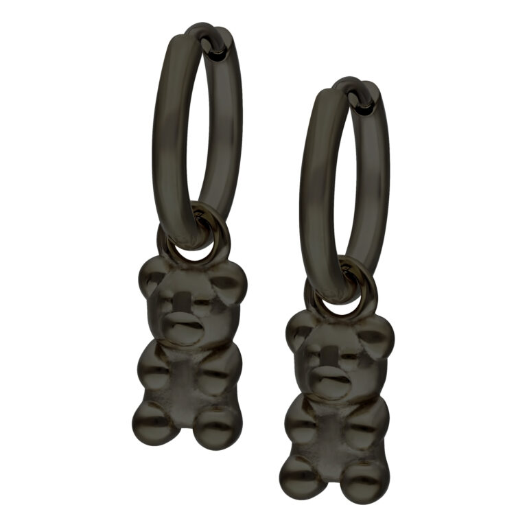 Pendientes negros con diseño de ositos de goma sobre fondo blanco