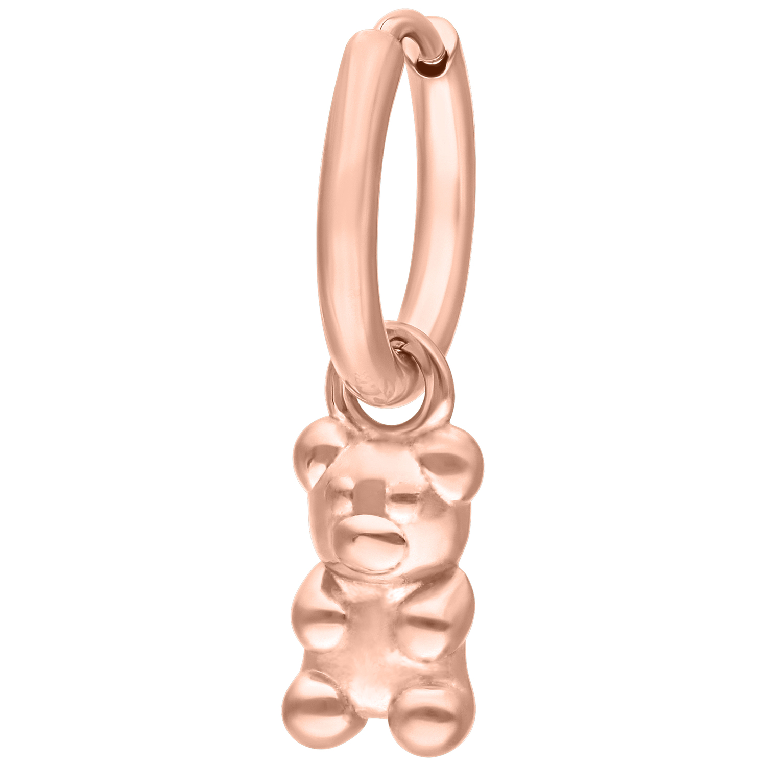 Roségoldene Ohrringe mit Bärenanhänger vor weißem Hintergrund