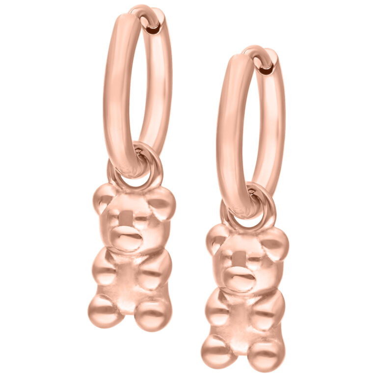 Dos pendientes de oro rosa con ositos de goma colgantes sobre fondo blanco