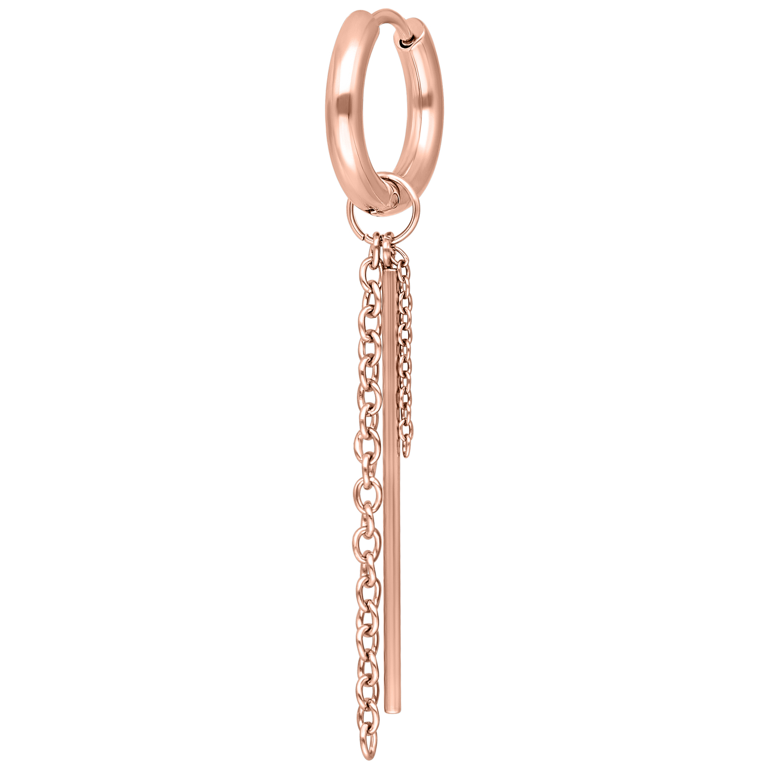 Roségoldene Little Bar Chain Hoops Ohrringe Roségoldene Ohrringe mit Kettenanhänger auf weißem Hintergrund