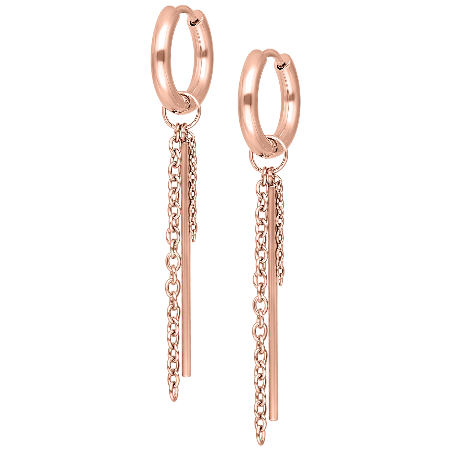 Roségoldene Little Bar Chain Hoops Ohrringe Roségoldene Ohrringe mit Ketten- und Stabdesign auf weißem Hintergrund