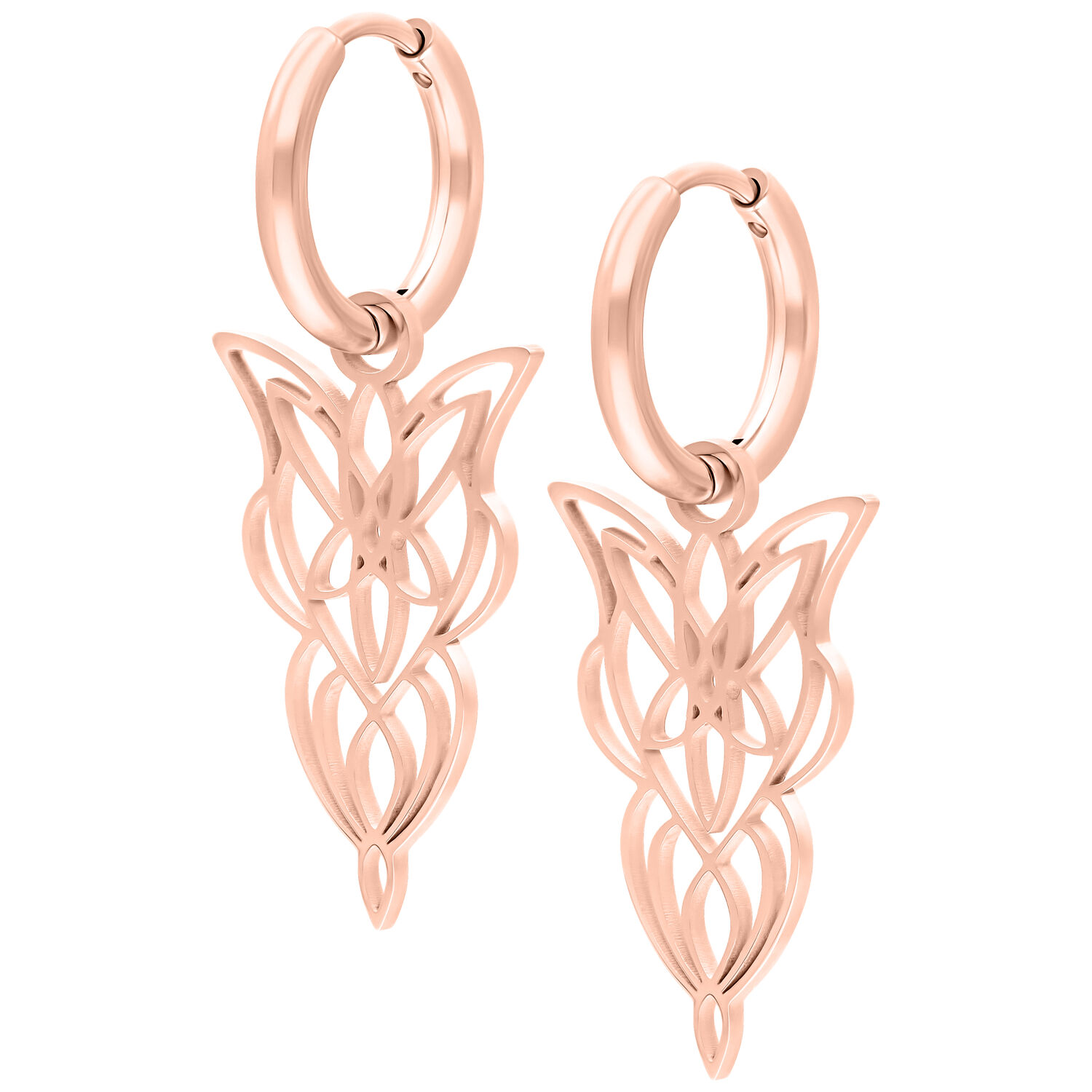 Roségoldene Ohrringe mit filigranem Design auf weißem Hintergrund