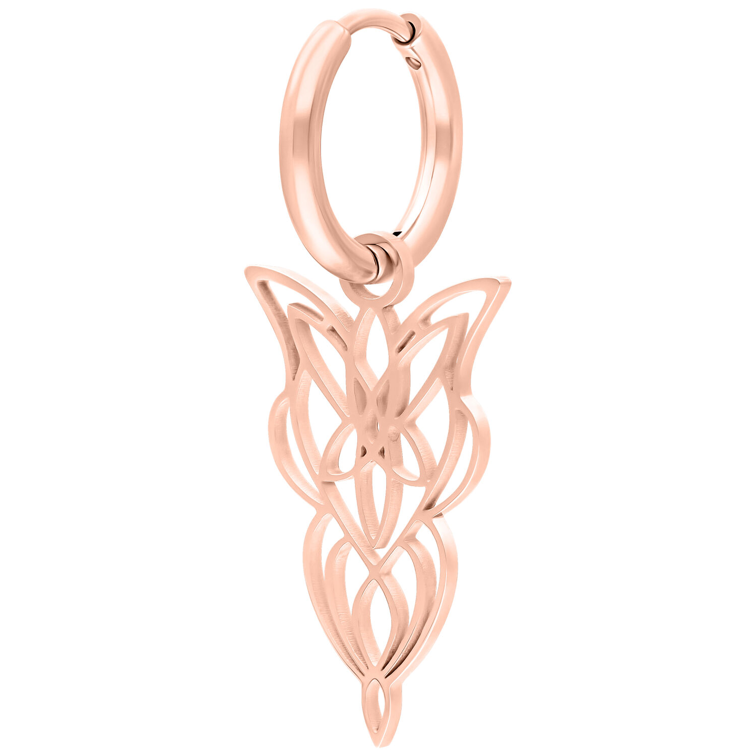 Roségoldene Ohrringe in filigranem Design auf weißem Hintergrund